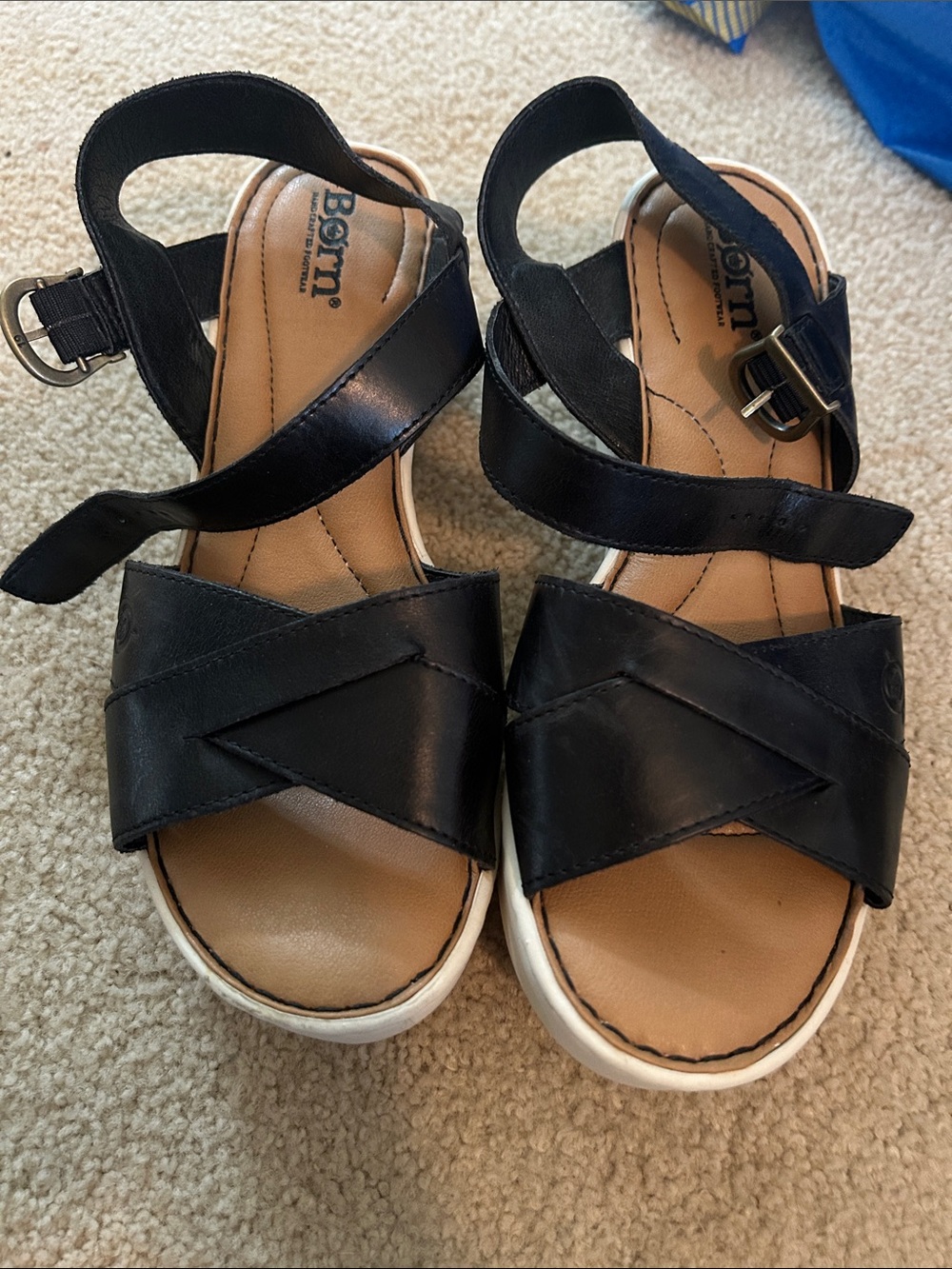 Born Black Leather Cross-Strap Sandals with Buckle